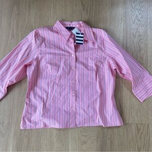 Lands End NWT Pink Striped Oxford Shirt Button Front 3/4 Sleeve Womens SIZE 16P